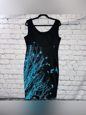 Y2K Too Fast Black Sleeveless Dress Lace Trim Blue Tree Birds Silhouette Print L